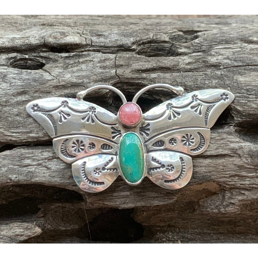 Navajo Artist Lloyd Nelson Vintage Sterling Silver and Stone Butterfly Brooch